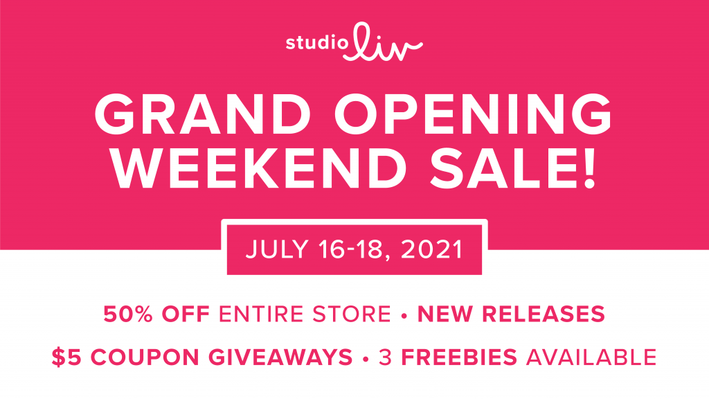 Grand Opening Weekend Sale! July 16-18, 2021. 50% off entire store, new releases, $5 coupon giveaways, and 3 freebies available.